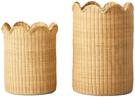 Pair of scalloped natural cane storage baskets in two heights.