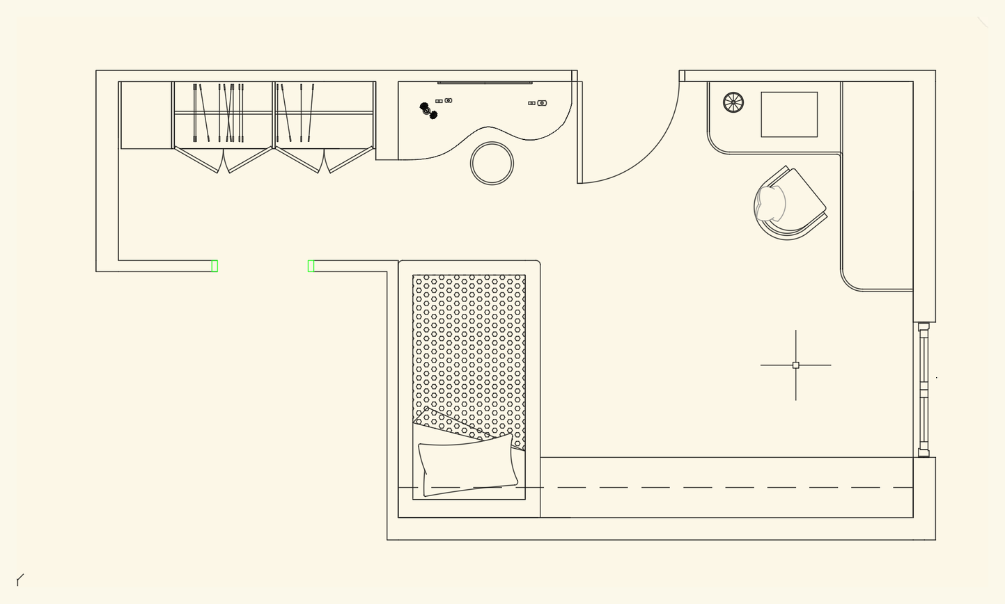 Furniture layout plan for a child’s bedroom with bed, wardrobe, work area and vanity zone.