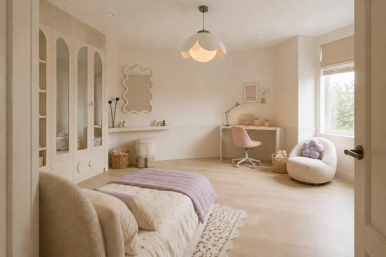 Concept visualization of a cream child’s bedroom with a single bed, open timber floor, arched wardrobe, vanity, study desk, window, lounge chair and petal pendant.