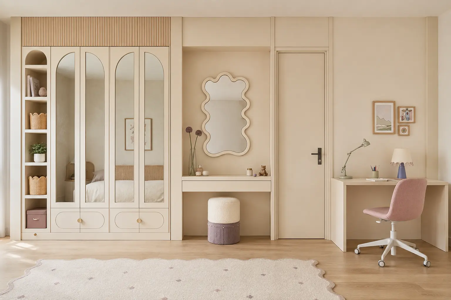 Concept visualization of the child’s bedroom storage wall with arched mirrored wardrobes, open display niches, organic vanity mirror, plain door, pale desk and blush chair.