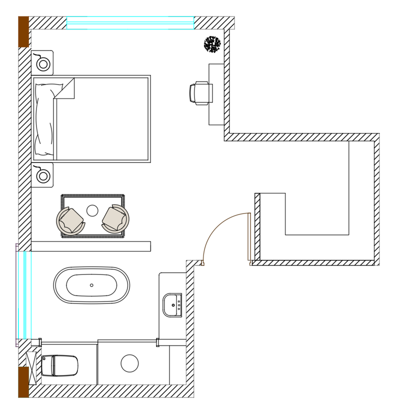 Plan of a dark bachelor bedroom connected to an open bathroom with bath, shower and single vanity.