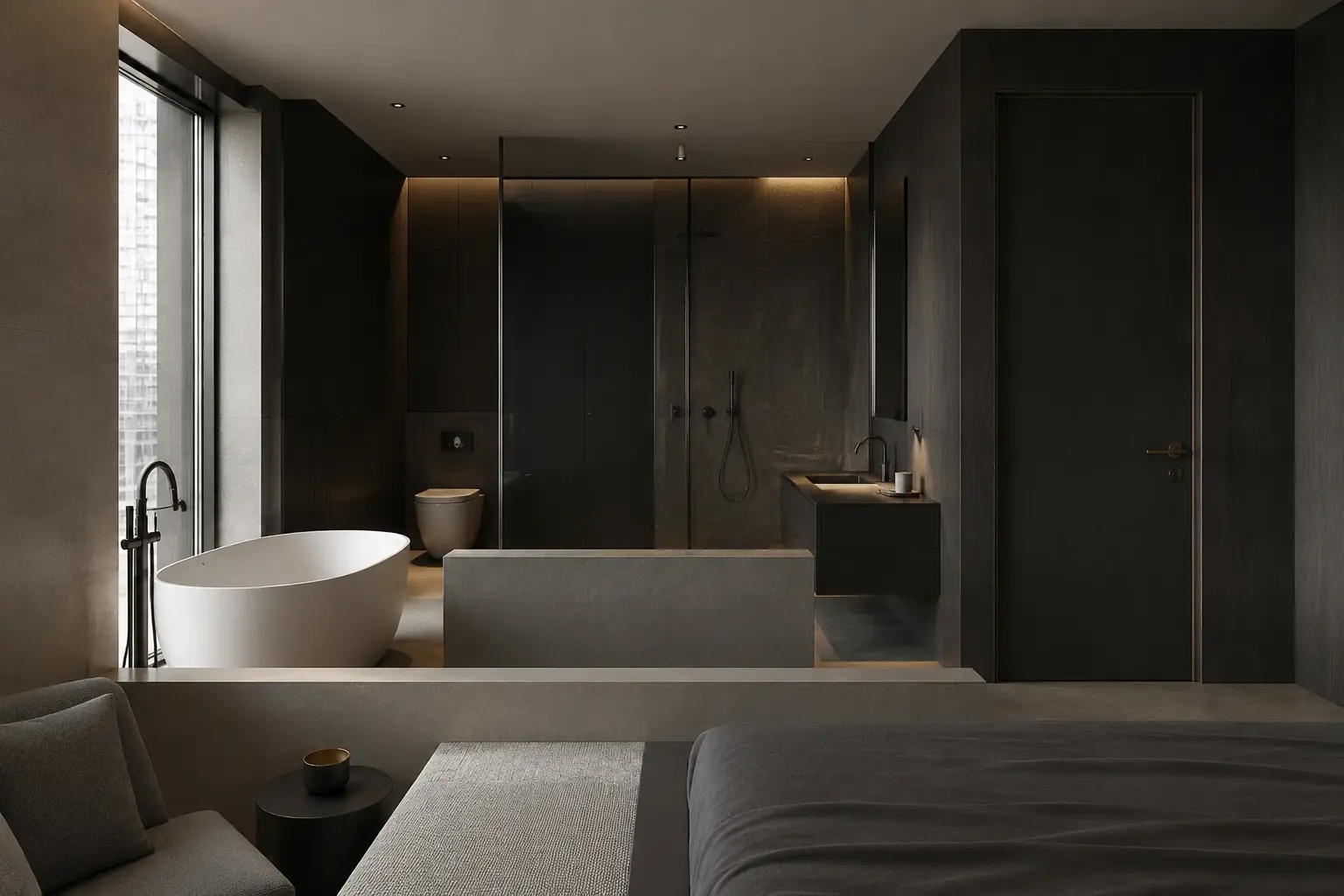 Concept visualization from the bedroom toward a dark open bathroom with freestanding white bath, low stone divider, single vanity, WC and glass shower.