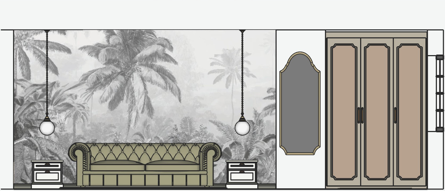 Guest-room elevation with sofa, botanical mural, pendant lights, mirror and panelled wardrobe.