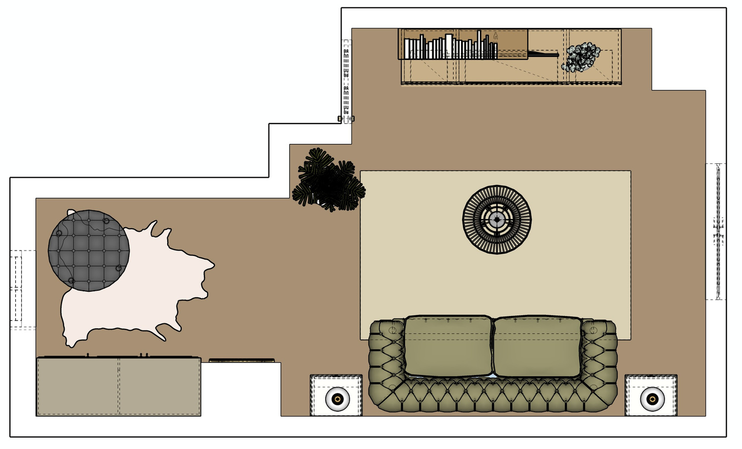 Colour furniture plan for a guest room with sofa, work ledge, circular table, storage and an open circulation path.