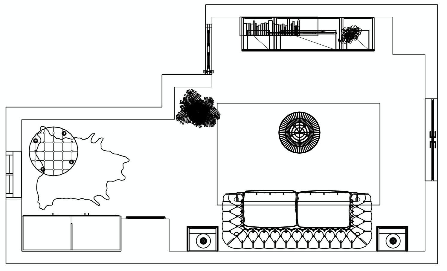 Black-line furniture plan showing the guest room’s sofa, table, storage, desk and circulation.