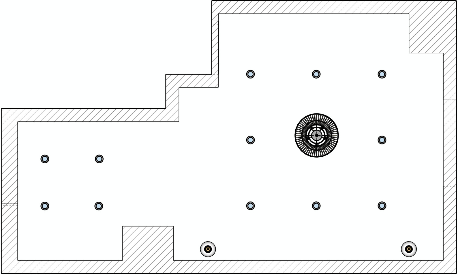 Reflected ceiling plan with recessed lights, one central circular fixture and two fixtures along the lower wall.