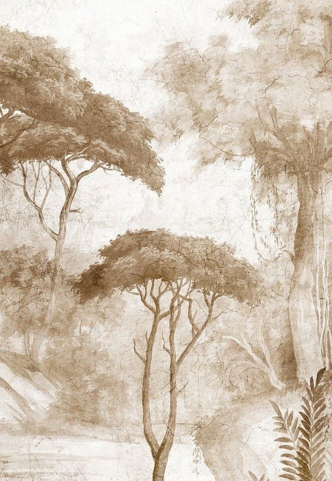 Sepia tree mural with layered woodland scenery.
