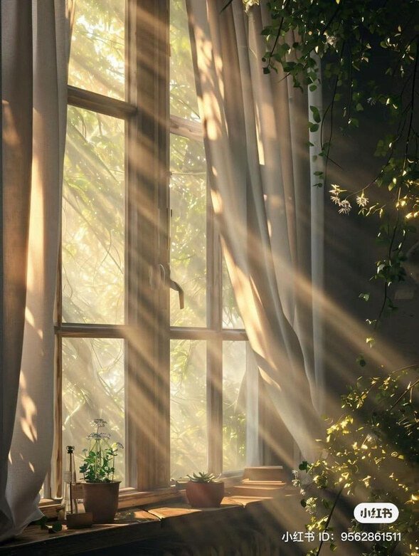 Sunlight streaming through a window surrounded by foliage, used as a natural-light reference.