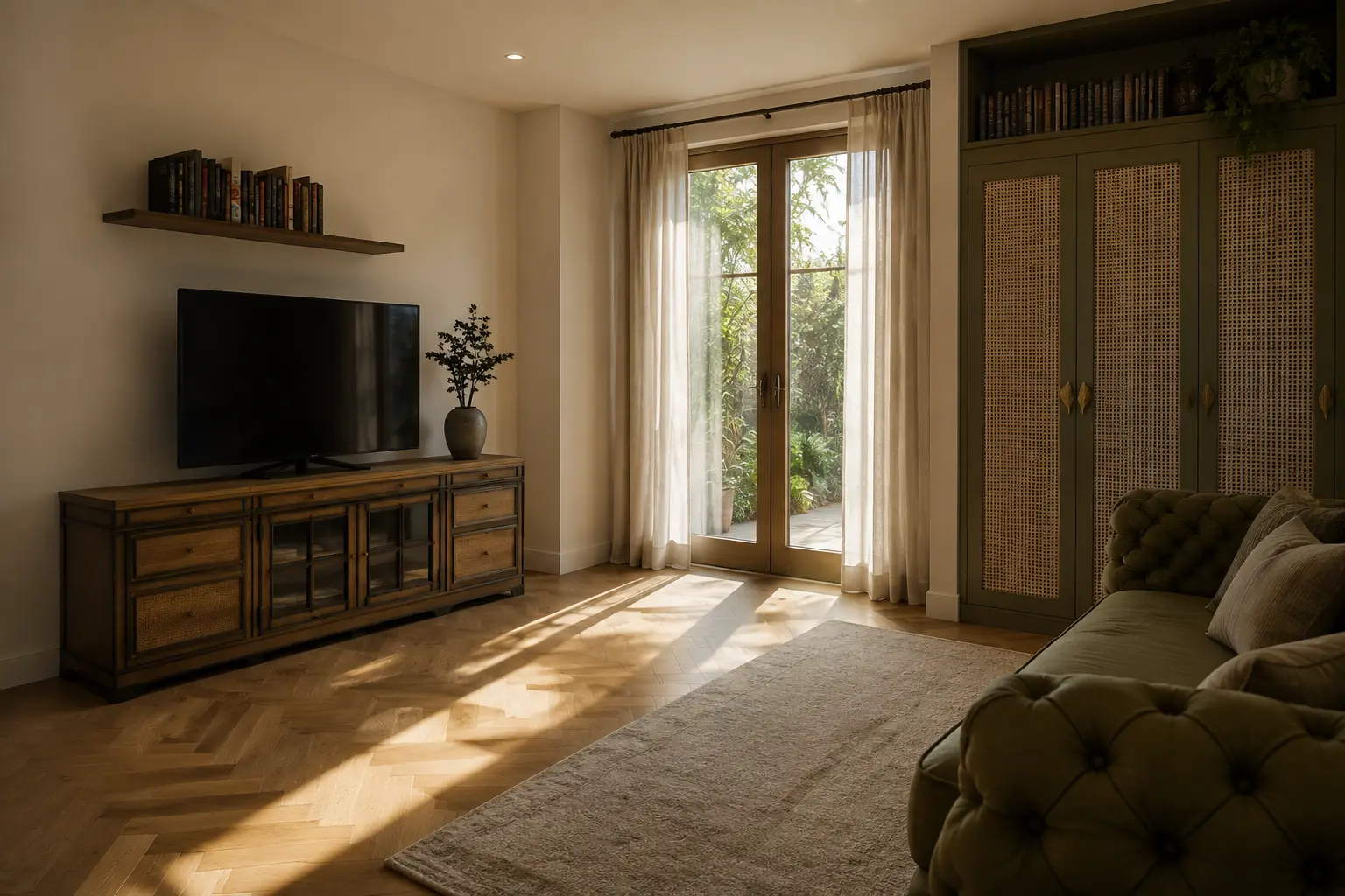 Concept visualization of the guest room looking toward a timber media console, sunlit garden doors, olive cane-front storage and the edge of a tufted sofa.