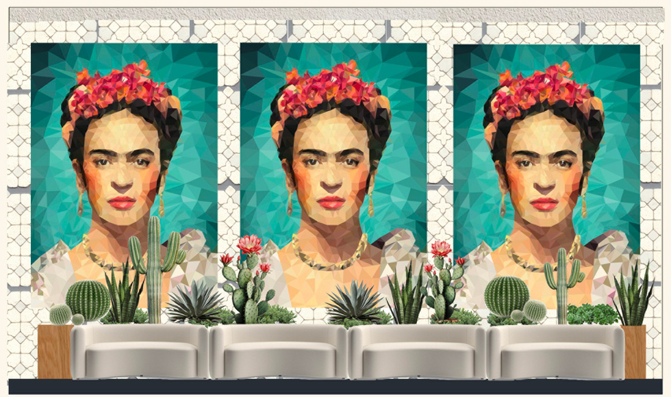 Interior elevation with three portrait panels, cactus planting and a pale banquette.