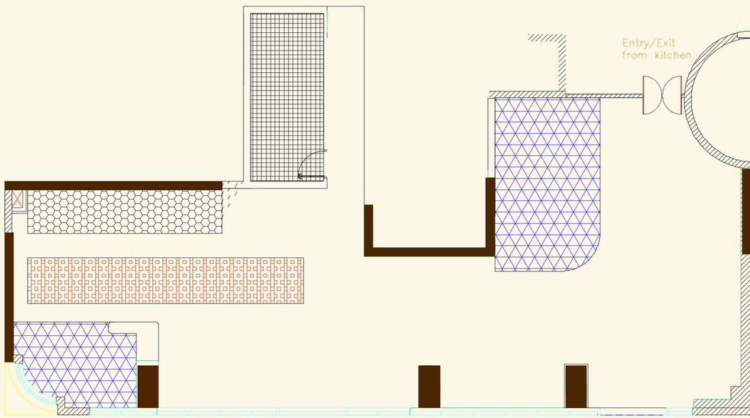 Diagrammatic floor-finish plan marking patterned tile zones across the restaurant.