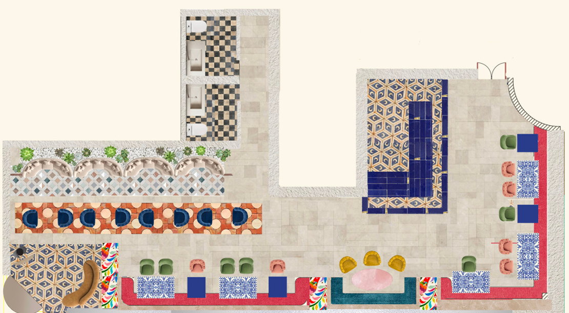 Coloured plan of Luna Y Sol with patterned floors, perimeter seating, tables, bar and service areas.