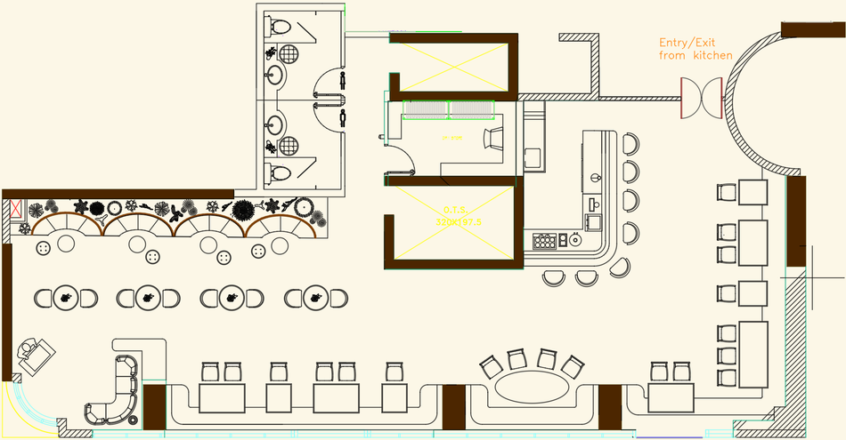 Monochrome restaurant furniture layout with dining, bar, banquette and service zones.