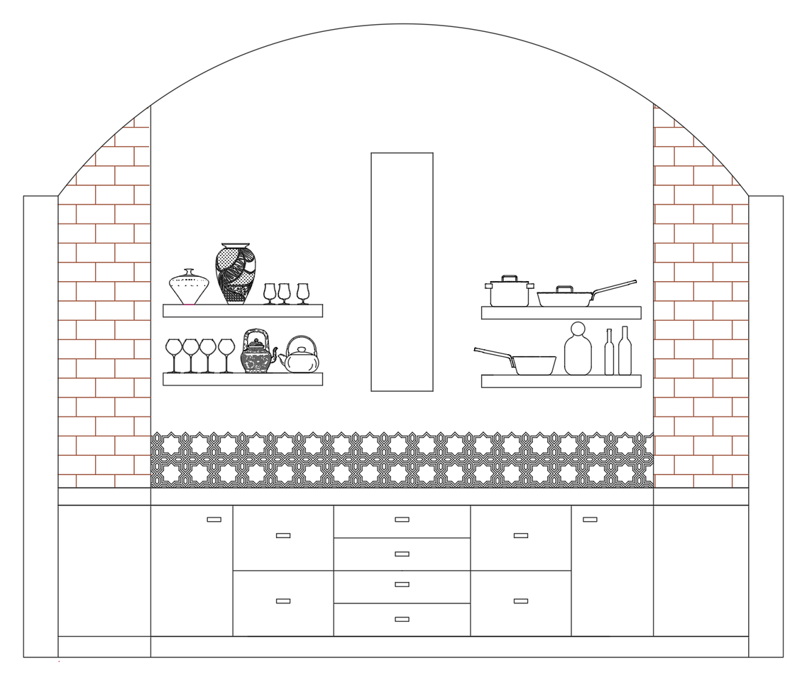 Arched kitchen elevation with brick edges, open display shelves, patterned backsplash and base cabinets.