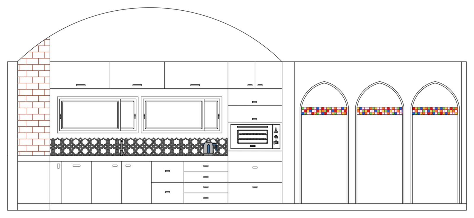 Long kitchen elevation with cabinetry, twin windows, built-in oven, patterned backsplash and three pointed arches.