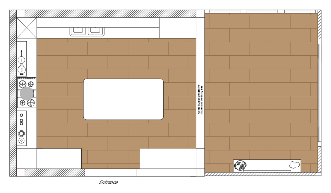 Floor-finish plan of the kitchen and dining areas with a warm brown staggered rectangular pattern.