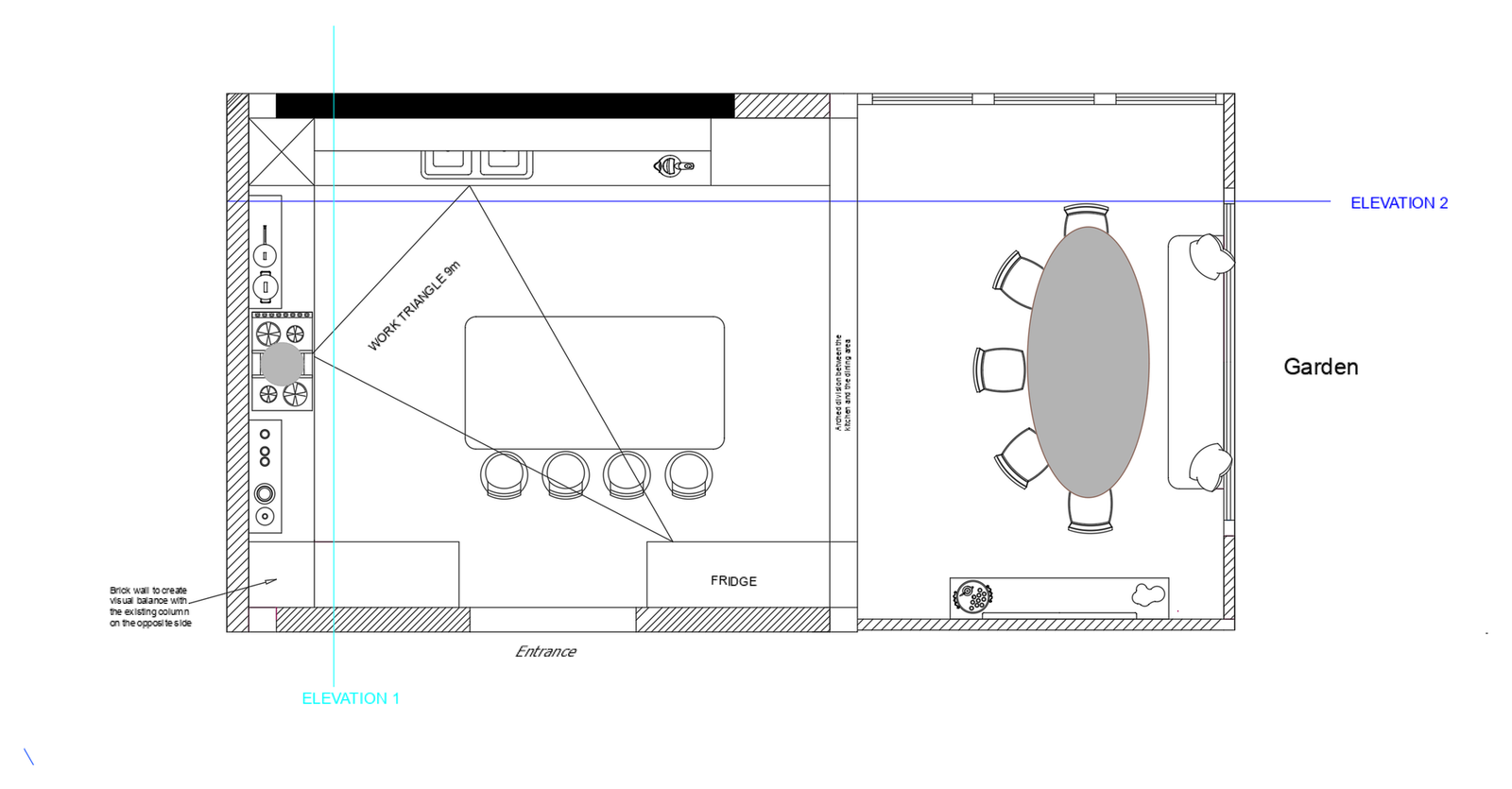 Furniture layout plan for a Persian-inspired kitchen and adjoining garden dining area.