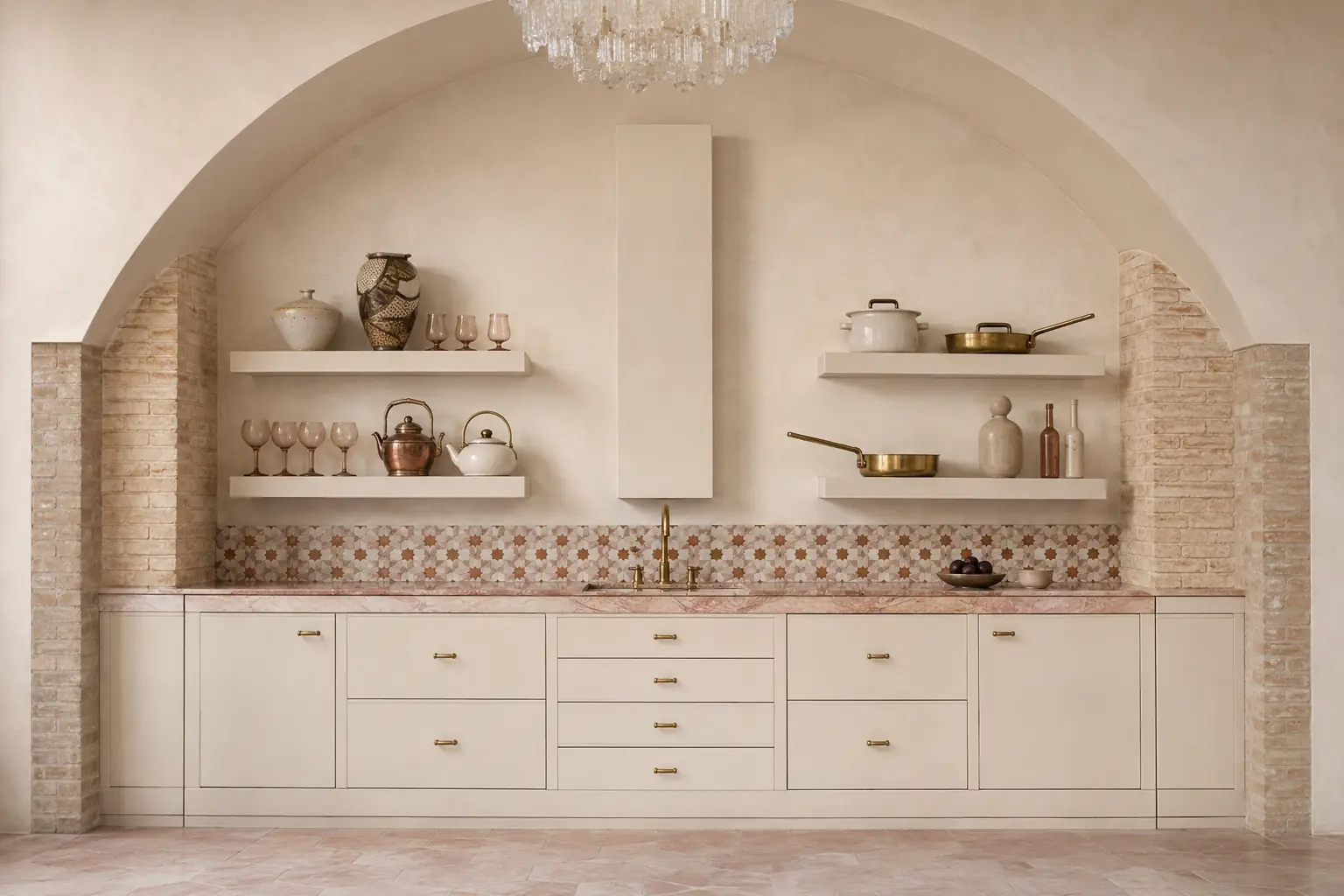 Concept visualization of a pale kitchen framed by a broad plaster and brick arch, with open shelves, geometric mosaic backsplash, rose stone counter and brass fittings.