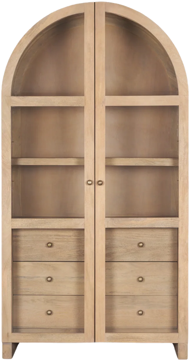 Tall arched timber display cabinet with glass doors and lower drawers.