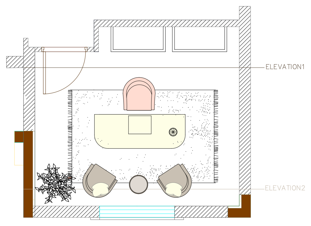 Home-office furniture layout plan with a central desk, two visitor chairs, storage and a window wall.