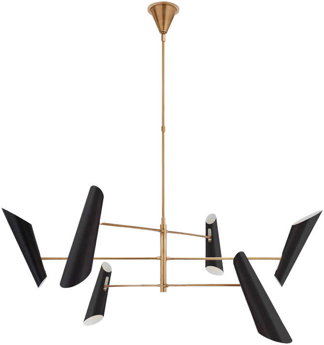 Linear brass chandelier with six black angled shades.