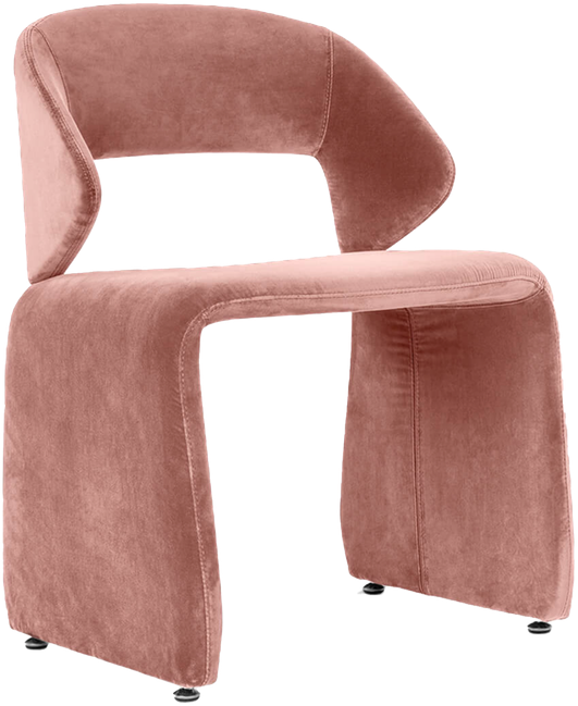 Dusty rose upholstered accent chair with an open back.