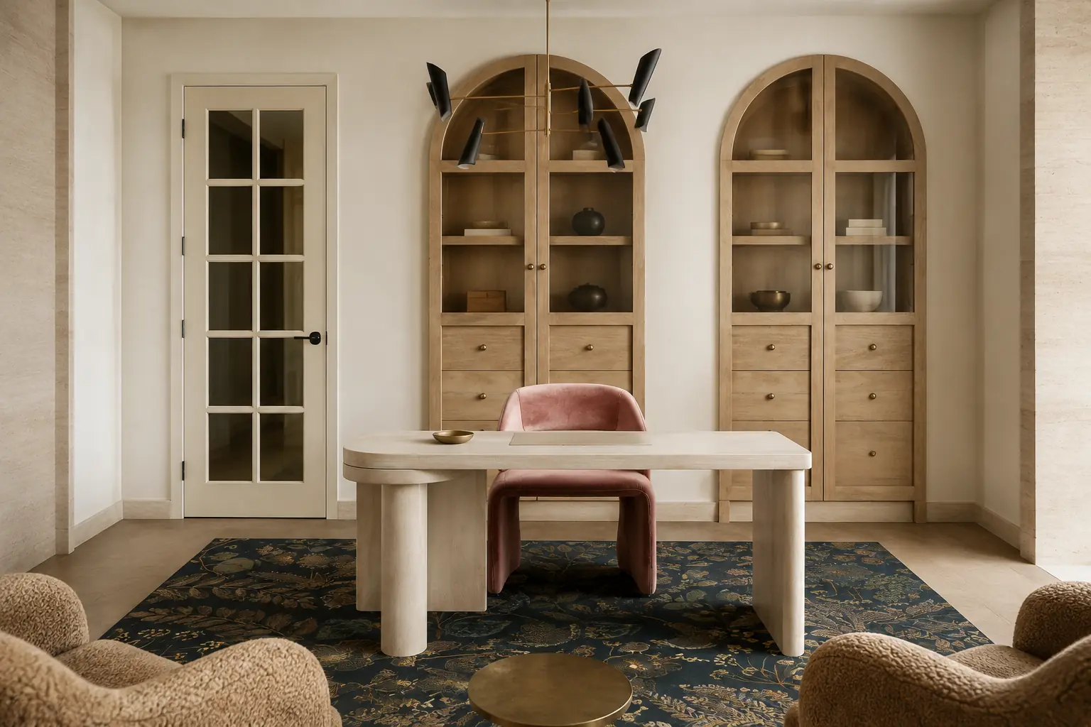 Concept visualization of a warm home office with a pale central desk, dusty-rose chair, dark botanical rug, one glazed door and two arched timber cabinets.
