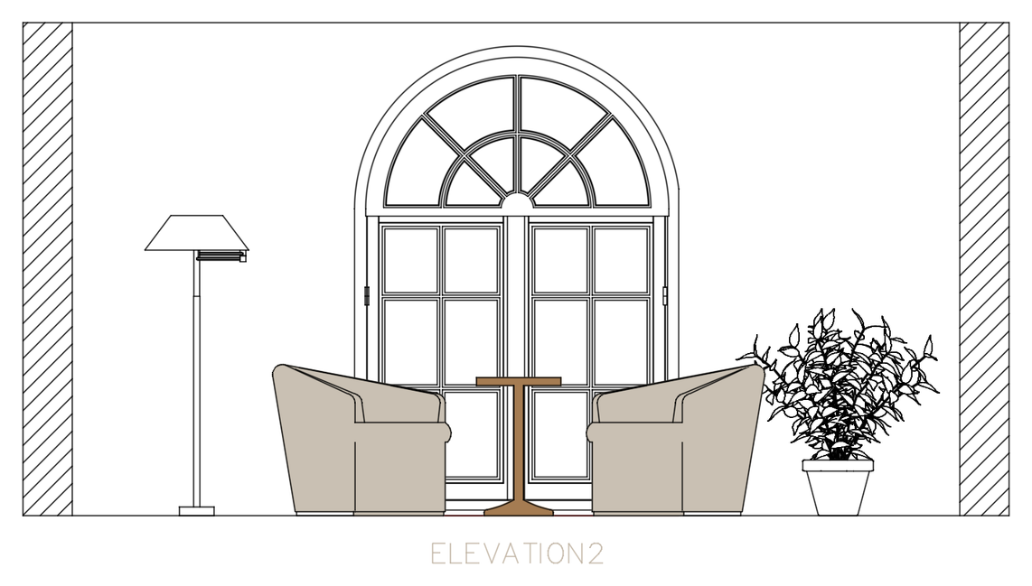 Interior elevation showing two lounge chairs, a small central table, floor lamp and plant in front of arched doors.